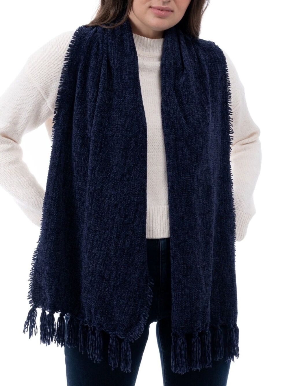 Style & Co Women's Fringe Chenille Scarf Navy Blue